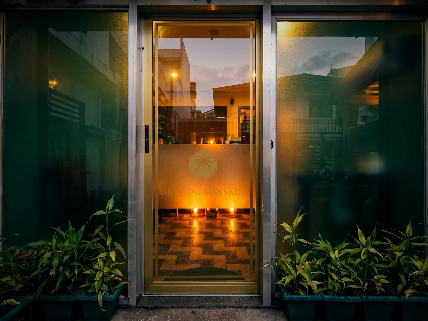 The Dipolog Massage entrance — frosted-glass doors with the gold palm emblem, framed by greenery