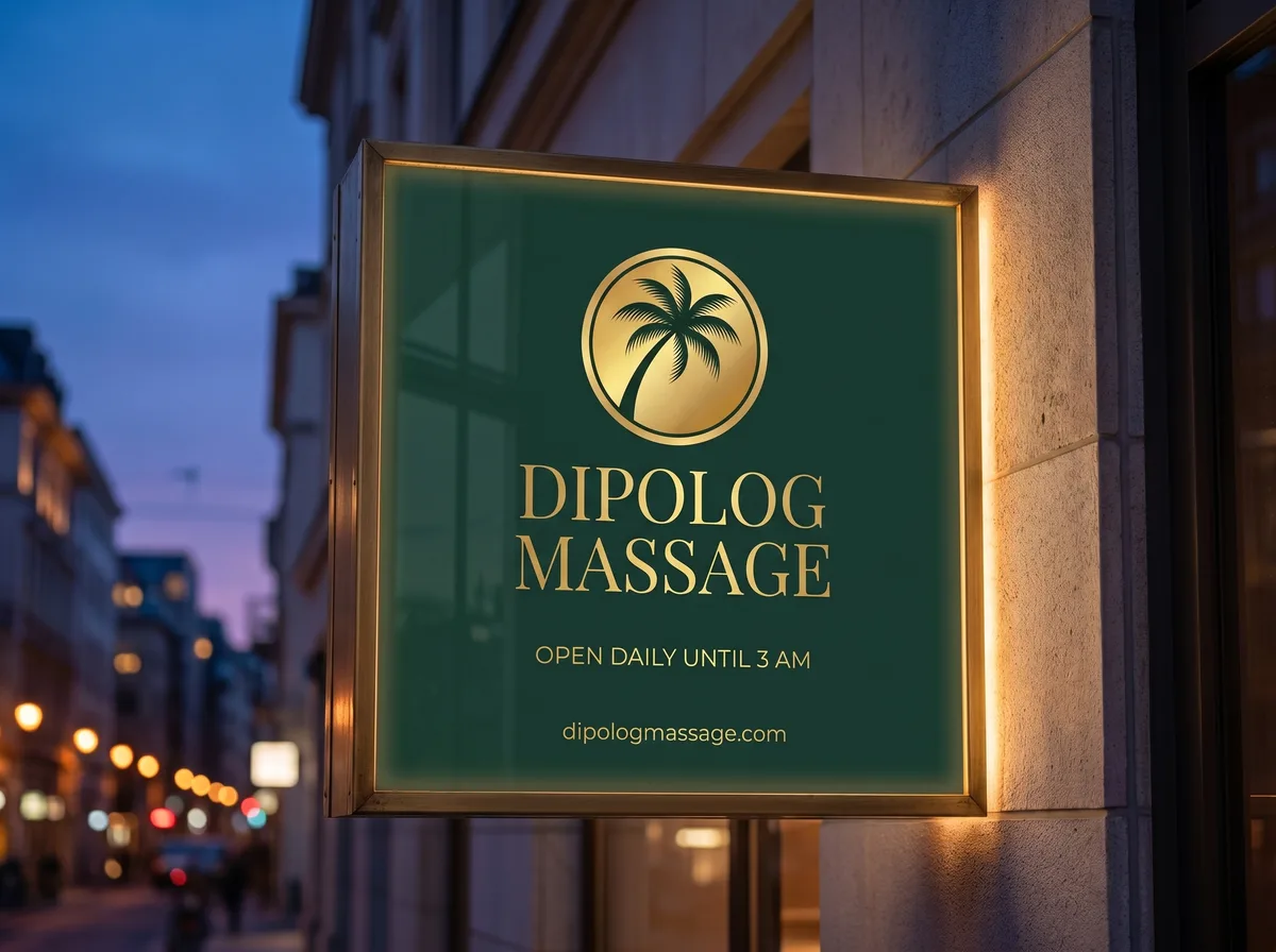 The new Dipolog Massage brand on an illuminated jade-and-gold signboard at dusk