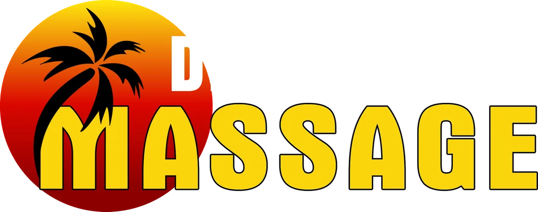 The old Dipolog Massage logo — sunset disc, black palm, bold yellow lettering